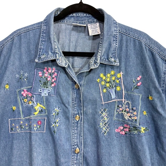 VTG Bobbie Brooks 26W Denim Shirt Floral Embroidery Buttoned Cottage Grandma 90s - Picture 2 of 9